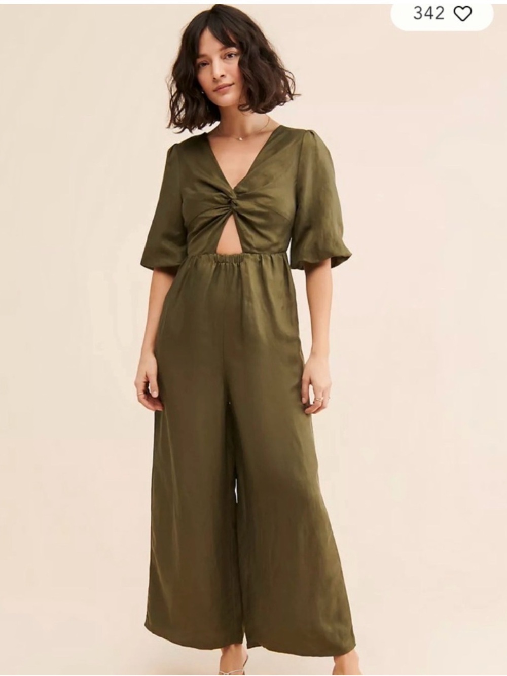 SANCIA Anthropologie Olive Twist-Front Wide-Leg Jumpsuit